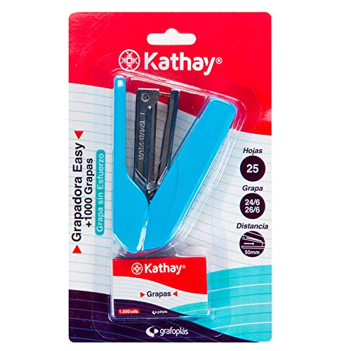 Kathay 86000330 Heftgerät Easy mit 1000 Heftklammern 24/6 26/6, bis zu 25 Blatt, zufällige Farben: Schwarz, Himmelblau, Rot, Grün von Kathay