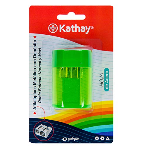 Kathay 86614499 Metallspitzer mit Behälter, doppelter Eingang: Normal und Maxi, Stahlklinge, zufällige Farbe: Grün, Blau, Gelb, Rot, von Kathay