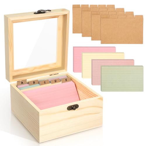 Kathfly Karteikartenhalter-Set, 7,6 x 12,7 cm, 200 Stück schwere, linierte Notizkarten und 30 Trennwände, Holz-Organizer, Rezeptbox mit Lernkarte für Zuhause, Büro und Küche von Kathfly