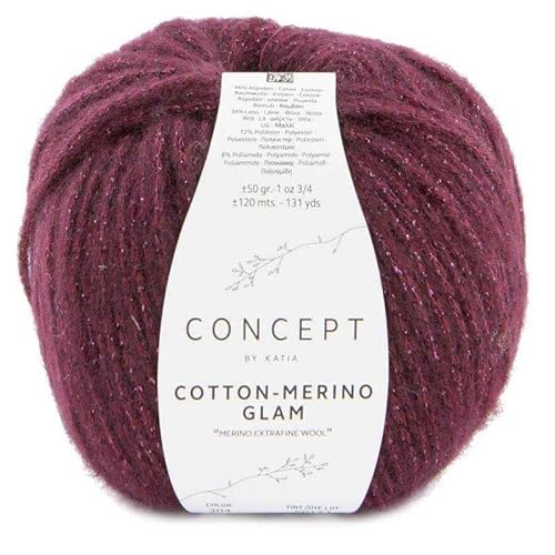 Concept 50g Cotton - Merino Glam - Farbe: 304 - bordeaux - ist die Glamour-Version von Cotton-Merino, unserem Garn der Reihe Concept by Katia, das bei den Fans von Naturfasern sehr beliebt ist. von Katıa