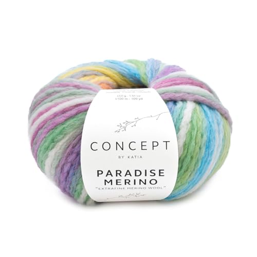 Katia Concept Paradise Merino Wolle 50g, Häkelwolle Farbverlaufswolle, Strickgarn Merinowolle bunt, 93% Wolle, 7% Polyamid, Nadelstärke 7 bis 8 mm (500) von Katia