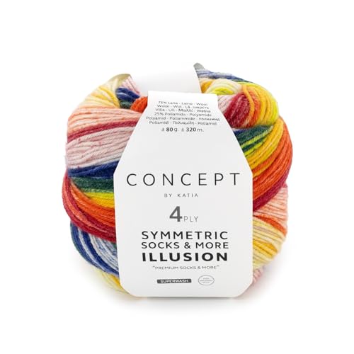 Katia Symmetric Socks & More Illusion, Sockenwolle 4fädig, 320m Farbverlauf, 80g, Nadelstärke 2,5mm, Sockengarn 4-fädig, zwei gleiche Socken stricken (70) von Katia