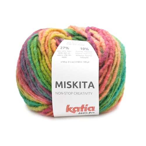 Katia Wolle Miskita 100g, dicke Häkelwolle mit Farbverlauf regenbogenfarben, Strickgarn Nadelstärke 9 bis 10 mm, 63% Polyacryl - 27% Wolle - 10% Polyamid (101 - regenbogen) von Katia