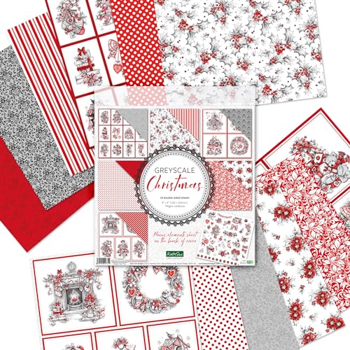Katy Sue Graustufen-Weihnachtspapier, 20,3 x 20,3 cm, 24 Blatt doppelseitiges Papier, 190 g/m², mit Weihnachtsbildern in Graustufen und Rot, für Karten und Scrapbooking von Katy Sue