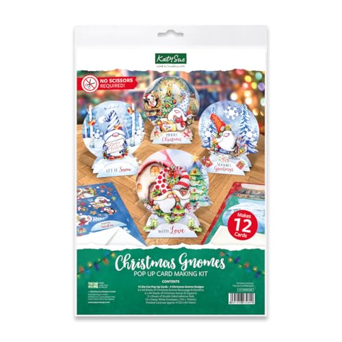 Katy Sue Weihnachtswichtel zum Basteln von Pop-Up-Karten für Erwachsene Macht 12 Karten & enthält Zwerg gestanzte Decoupage-Papierbögen, Stützen, Umschläge und Schaumstoff-Pads für von Katy Sue
