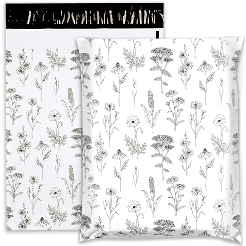 Versandtaschen mit Wildblumen-Motiv, selbstklebend, für Kleidung, Dokumente, Geschenke, Schwarz / Weiß, 100 Stück von Kavoc