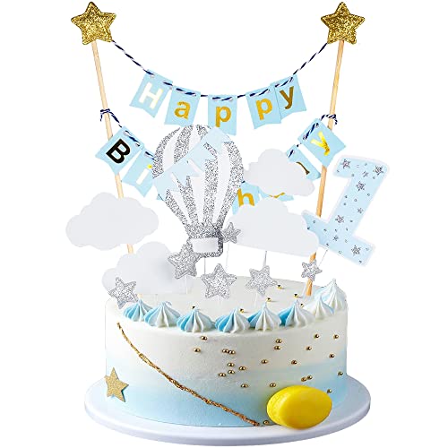 Kawailay 1 Geburtstag Tortendeko Junge Happy Birthday Banner Girlande Cake Topper 1st Geburtstag Kuchendeko Heißluftballon Wolken Sterne Kuchen Deckel für Baby Shower Kids Junge Geburtstag Blau von Kawailay