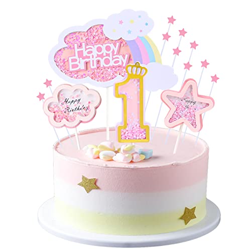 Kawailay 1 Geburtstag Tortendeko Mädchen 1st Geburtstag Kuchendeko Happy Birthday Regenbogen Cake Topper Wolken Sterne Kuchen Deckel für Baby Shower Mädchen Geburtstag Rosa von Kawailay