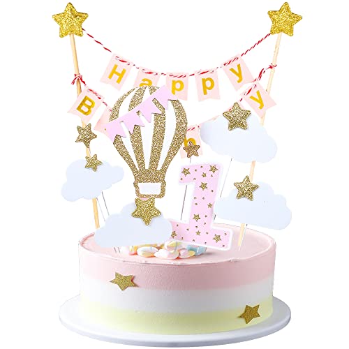 Kawailay 1 Geburtstag Tortendeko Mädchen Happy Birthday Banner Girlande Cake Topper 1st Geburtstag Kuchendeko Heißluftballon Wolken Sterne Kuchen Deckel für Baby Shower Mädchen Geburtstag Rosa von Kawailay