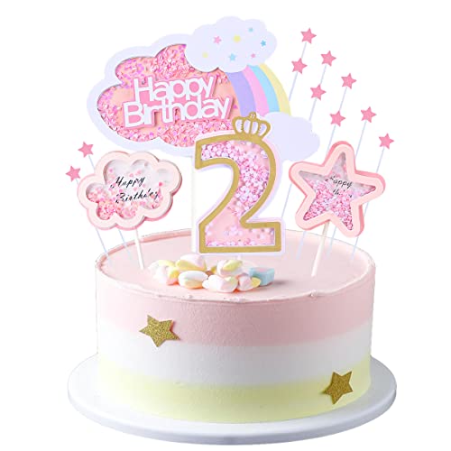 Kawailay 2 Geburtstag Tortendeko Mädchen 2st Geburtstag Kuchendeko Happy Birthday Regenbogen Cake Topper Wolken Sterne Kuchen Deckel für Mädchen Geburtstag Rosa von Kawailay