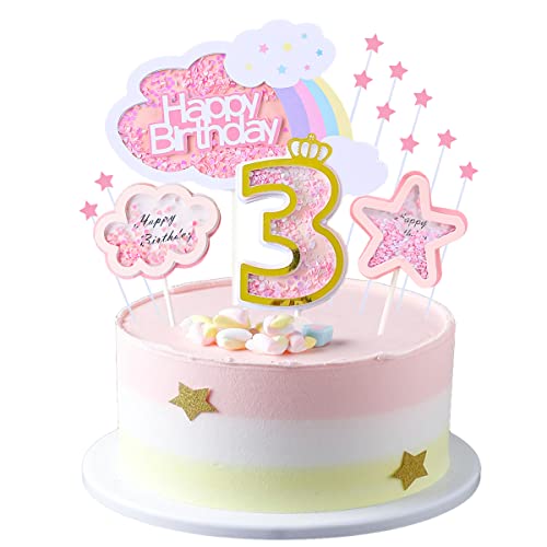 Kawailay 3 Geburtstag Tortendeko Mädchen 3st Geburtstag Kuchendeko Happy Birthday Regenbogen Cake Topper Wolken Sterne Kuchen Deckel für Mädchen Geburtstag Rosa von Kawailay