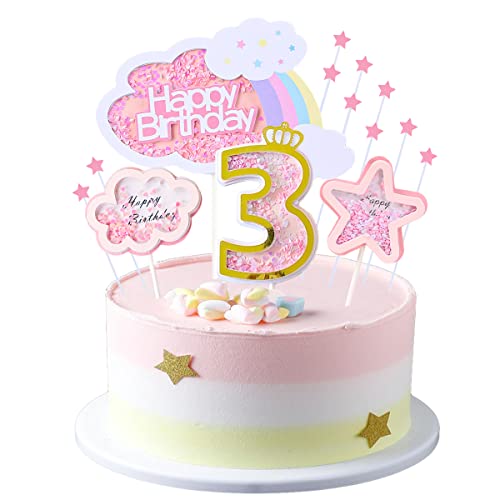 Kawailay 3 Geburtstag Tortendeko Mädchen 3st Geburtstag Kuchendeko Happy Birthday Regenbogen Cake Topper Wolken Sterne Kuchen Deckel für Mädchen Geburtstag Rosa von Kawailay