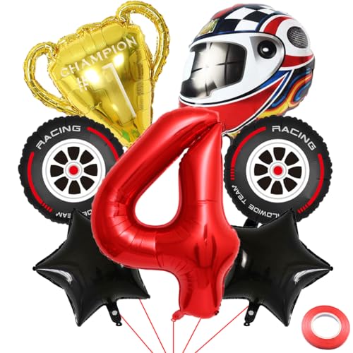 Kawailay 4. Rennwagen Geburtstag Deko Ballons Trophäen Helm Reifen Folienballon Rot Zahl 4 Luftballon für Jungen Geburtstag Party Kawailay 4. Rennwagen Geburtstag Deko Ballons Trophäen Helm Reifen Folienballon Rot Zahl 4 Luftballon für Jungen Geburtstag Party von Kawailay
