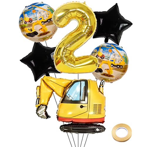 Kawailay Bagger Geburtstag Deko 2 Jahre - Baustelle Gold Zahl 2 Luftballon, Folienballon, Baufahrzeuge Heliumballon für Jungen Party von Kawailay