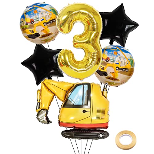 Kawailay Bagger Geburtstag Deko 3 Jahre 3. Baustelle Geburtstag Deko Gold Zahl 3 Luftballon Bagger Folienballon Baufahrzeuge Heliumballon für Jungen Geburtstag Party von Kawailay