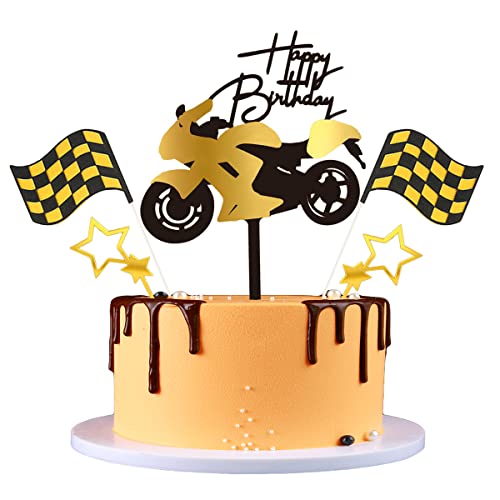 Kawailay Motorrad Cake Topper Tortendeko Acryl Kuchenaufsatz Tortenaufsatz Happy Birthday Kuchen Topper mit Glitter Stern und Banner für Männer Jungen Motorradliebhaber Geburtstag Dekoration Gold von Kawailay