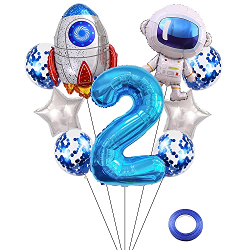 Kawailay Weltraum Luftballon Set Astronauten Geburtstag Deko 2 jahre Astronauten Raketen Folienballon Blau Zahl 2 Luftballons Aluminium Ballon für Kinder Jungen Mädchen Geburtstag Party von Kawailay