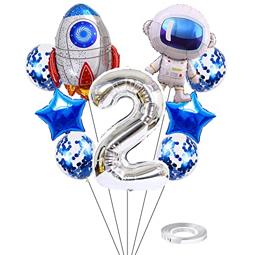 Kawailay Weltraum Luftballon Set Astronauten Geburtstag Deko 2 jahre Astronauten Raketen Folienballon Silber Zahl 2 Luftballons Aluminium Ballon für Kinder Jungen Mädchen Geburtstag Party von Kawailay