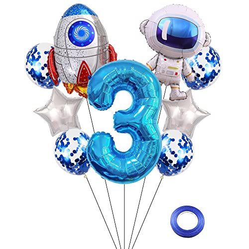 Kawailay Weltraum Luftballon Set Astronauten Geburtstag Deko 3 jahre Astronauten Raketen Folienballon Blau Zahl 3 Luftballons Aluminium Ballon für Kinder Jungen Mädchen Geburtstag Party von Kawailay