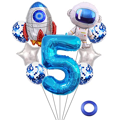 Kawailay Weltraum Luftballon Set Astronauten Geburtstag Deko 5 jahre Astronauten Raketen Folienballon Blau Zahl 5 Luftballons Aluminium Ballon für Kinder Jungen Mädchen Geburtstag Party von Kawailay