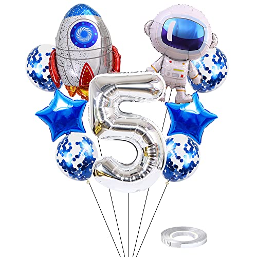 Kawailay Weltraum Luftballon Set Astronauten Geburtstag Deko 5 jahre Astronauten Raketen Folienballon Silber Zahl 5 Luftballons Aluminium Ballon für Kinder Jungen Mädchen Geburtstag Party von Kawailay