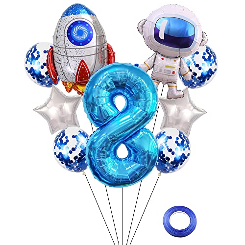 Kawailay Weltraum Luftballon Set Astronauten Geburtstag Deko 8 jahre Astronauten Raketen Folienballon Blau Zahl 8 Luftballons Aluminium Ballon für Kinder Jungen Mädchen Geburtstag Party von Kawailay
