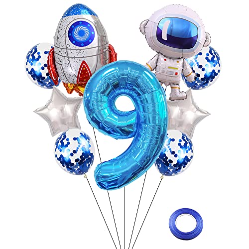 Kawailay Weltraum Luftballon Set Astronauten Geburtstag Deko 9 jahre Astronauten Raketen Folienballon Blau Zahl 9 Luftballons Aluminium Ballon für Kinder Jungen Mädchen Geburtstag Party von Kawailay