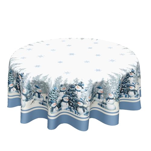 Kawani Winter-Schneemann-Tischdecke, rund, 152,4 cm, Weihnachten, Schneemann, Stechpalme, Schneeflocke, Kreis, Tischdecke, blau, Weihnachten, Urlaub, Polyester, Tischdecke für Party, Küche, Esszimmer von Kawani
