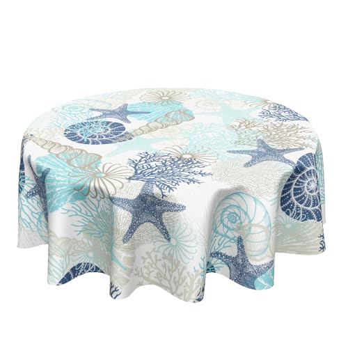 Runde Küsten-Tischdecke, 152,4 cm, nautische Ozean-Koralle, Seestern, Muscheln, bedruckt, Tischdecke, Sommer, Strand, waschbar, Polyester, Tischdecke für Küche, Esszimmer, Party, Innen- und Runde Küsten-Tischdecke, 152,4 cm, nautische Ozean-Koralle, Seestern, Muscheln, bedruckt, Tischdecke, Sommer, Strand, waschbar, Polyester, Tischdecke für Küche, Esszimmer, Party, Innen- und von Kawani
