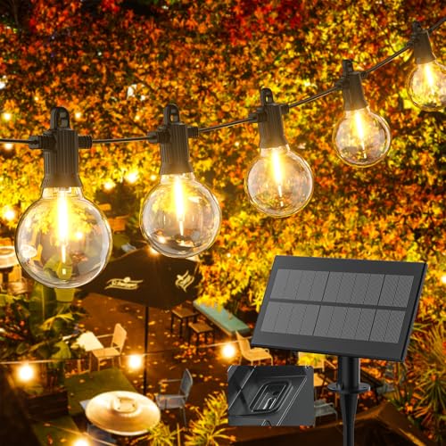 Kawaya Solar LED Lichterkette für Außen, G40 Glühbirnen, Warmweiß, mit Solarpanel Lichterkette Außen Strom LED Garten Lichterkette Aussen IP65 Wasserdicht mit 25+2 G40 Bruchsicher Glühbirnen Warmweiss von Kawaya