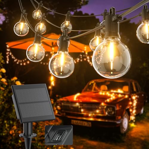 Kawaya Solar Lichterkette Außen 10M LED Lichterkette Aussen Solar Wiederaufladbar 5 Lichtmodi IP65 Wasserdicht mit G40 15+1 Glühbirnen Warmweiß Outdoor Balkon Lichterkette für Garten Terrasse von Kawaya