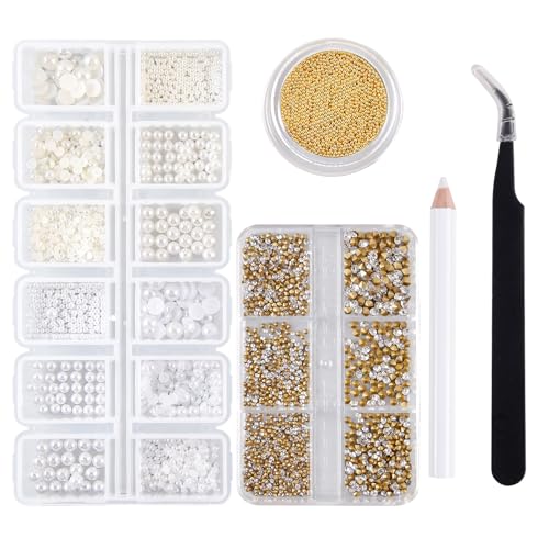 Kawyehu 3 Boxen Nail Art Strasssteine – Halbrunde Perlen und Strasssteine, weiße und beige Perlen und Kristall-Edelstein-Set mit Pinzette und Aufnahmestift, für Nail Art und DIY-Dekoration von Kawyehu