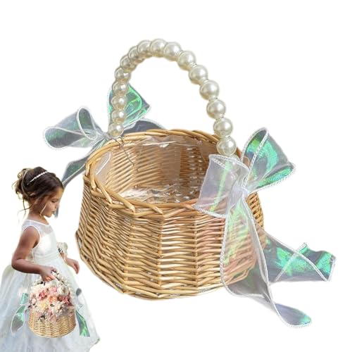 Blumenmädchen Korb, Rattan Blumenkorb Geflochtener Blumenkorb, Blumenmädchenkorb Mit Perlengriff, Streukörbchen Hochzeit, Feenblumenkorb Mit Schleife Für Hochzeit Tischdeko Blumenmädchen Korb, Rattan Blumenkorb Geflochtener Blumenkorb, Blumenmädchenkorb Mit Perlengriff, Streukörbchen Hochzeit, Feenblumenkorb Mit Schleife Für Hochzeit Tischdeko von Kaxenig