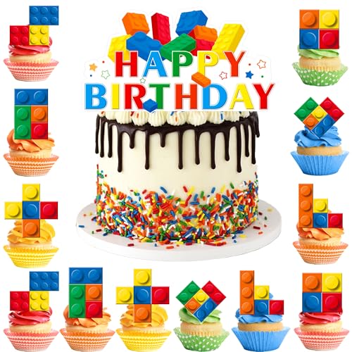Kaxulvoblig Blockparty Baustein Kuchen Deko, 25pcs Geburtstagskuchen Deko Bausteine Baustein Motiv Kuchendeko für Kinder Baustein Geburtstag Deko von Kaxulvoblig