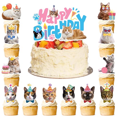 Katzenkuchenaufsätze, 24 Stück Katzen-Cupcake-Topper, Kätzchen-Thema, Cupcake-Topper + 1 Stück Katzengeburtstagskuchenaufsatz, Katzenkuchendekorationen für Katzengeburtstagsdekorationen und Katzenkuchenaufsätze, 24 Stück Katzen-Cupcake-Topper, Kätzchen-Thema, Cupcake-Topper + 1 Stück Katzengeburtstagskuchenaufsatz, Katzenkuchendekorationen für Katzengeburtstagsdekorationen und von Kaxulvoblig