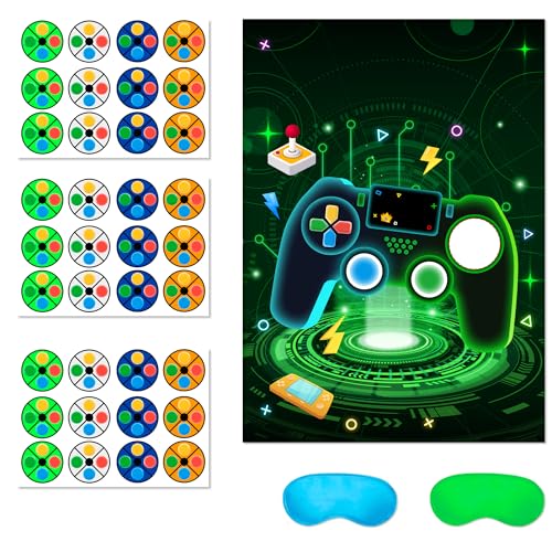 Pin The Button auf den Controller Partyspiele-Poster Button-Aufkleber und Augenbinden usw Videospiel-Geburtstagsdekorationen für Kindergeburtstage Familienaktivität Partyaufkleber mit Grünem Griff von Kaxulvoblig