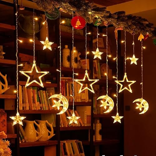 Kayan LED-Stern-Mond-Vorhang-Lichter, Ramadan-Dekorationen, 3,5 m, batteriebetriebene Fensterstern-Mond-Lichterkette, Ramadan-Dekorationen, Zuhause, Schlafzimmer, Innen- und Außenbereich, Hochzeit Kayan LED-Stern-Mond-Vorhang-Lichter, Ramadan-Dekorationen, 3,5 m, batteriebetriebene Fensterstern-Mond-Lichterkette, Ramadan-Dekorationen, Zuhause, Schlafzimmer, Innen- und Außenbereich, Hochzeit von Kayan