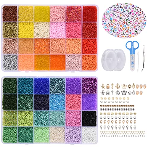 Kayarita 2mm Perlen Set Glasperlen zum Auffädeln,40000pcs Bunte Perlen Basteln mit 300 Buchstaben Perlen,für Armbänder Selber Machen,Perlenset für Schmuck Ketten,Rocailles Perlen,Kleine Glass Beads von Kayarita