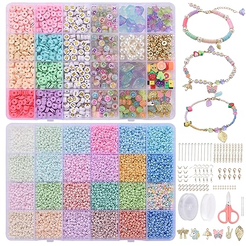 Kayarita 3mm Perlen zum Auffädeln Polymer Clay Perlen Sets,Glasperlen Pastell Kit,Perlensets mit Golden Buchstaben Perlen für DIY Armband Schmuckherstellung,Armbänder Ohrringe Selber Machen von Kayarita