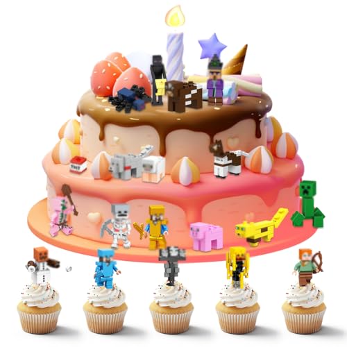 Kayuneed 19 Stück Mini Figuren Tortenfiguren Set Craft Cupcake Deko Figuren Toys Set Miner Game Videospiel Figur Geschenk Spielzeugmodell Geburtstags für Kinder Junge Mädchen und Spielfans von Kayuneed