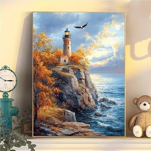 Landschaft Malen Nach Zahlen Erwachsene Groß XXL 45x60cm, Leuchtturm Malen Nach Zahlen Kinder ab 8 Jahre, DIY Paint by Numbers Kreativ Set für Erwachsene, Mit 3 Feinen Pinsel und Acrylfarbe YH2-316 von Kazhxnng