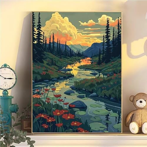 Landschaft Malen Nach Zahlen Erwachsene Groß XXL 80x100cm, Natur Malen Nach Zahlen Kinder ab 8 Jahre, DIY Paint by Numbers Kreativ Set für Erwachsene, Mit 3 Feinen Pinsel und Acrylfarbe YH2-450 von Kazhxnng