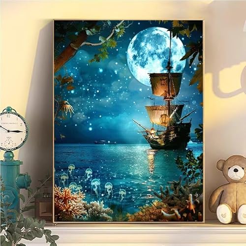 Malen Nach Zahlen Erwachsene Schiffchen, Malen Nach Zahlen ab 9 Jahre Mädchen Mond, Paint by Numbers Adults Hobby Leinwand 90x120cm, DIY Bastelset Erwachsene Kinder, Mit 3 Pinseln, Acrylfarbe YH2-37 von Kazhxnng