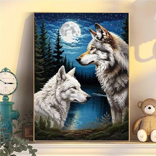 Malen Nach Zahlen Erwachsene Wolf, Malen Nach Zahlen ab 9 Jahre Mädchen Mond, Paint by Numbers Adults Hobby Leinwand 45x60cm, DIY Bastelset Erwachsene Kinder, Mit 3 Pinseln und Acrylfarbe YH2-493 von Kazhxnng