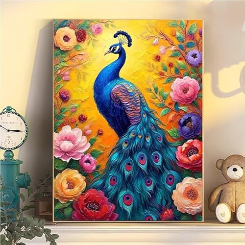 Pfau Malen Nach Zahlen Erwachsene Groß XXL 80x100cm, Blumen Malen Nach Zahlen Kinder ab 8 Jahre, DIY Paint by Numbers Geschenk Kreativ Set für Erwachsene, Mit 3 Feinen Pinsel und Acrylfarbe YH2-466 von Kazhxnng