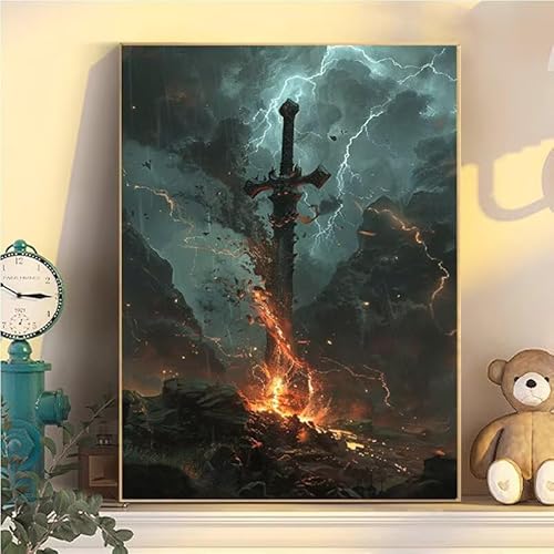 Schwert Malen Nach Zahlen Erwachsene Groß XXL 90x120cm, Landschaft Malen Nach Zahlen Kinder ab 8 Jahre, DIY Paint by Numbers Kreativ Set für Erwachsene, Mit 3 Feinen Pinsel und Acrylfarbe YH2-300 von Kazhxnng