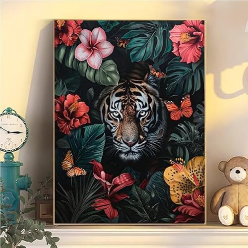 Tiger Malen Nach Zahlen Erwachsene Groß XXL 30x40cm, Blumen Malen Nach Zahlen Kinder ab 8 Jahre, DIY Paint by Numbers Geschenk Kreativ Set für Erwachsene, Mit 3 Feinen Pinsel und Acrylfarbe YH2-498 von Kazhxnng