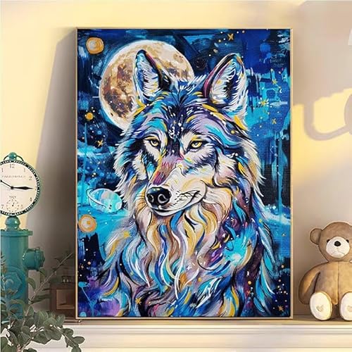 Wolf Malen Nach Zahlen Erwachsene Groß XXL 90x120cm, Mond Malen Nach Zahlen Kinder ab 8 Jahre, DIY Paint by Numbers Geschenk Kreativ Set für Erwachsene, Mit 3 Feinen Pinsel und Acrylfarbe Deko YH2-490 von Kazhxnng