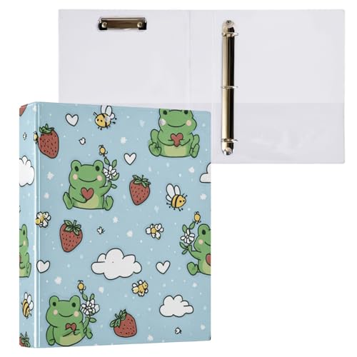 Kcldeci 3-Ringbuch, Hardcover, Frösche, Erdbeeren und Bienen, 3,8 cm, runde Ringe mit Innentaschen, Schule, Büro, Rezeptkarten, Ordner, Organizer, 2 Stück von Kcldeci