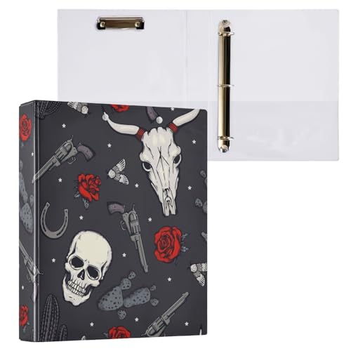 Kcldeci 3-Ringbuch mit Totenkopf- und Stierkopfknochen, 3,8 cm, runder Ring für Papier in Briefgröße, Hardcover-Ordner für Schule, Büro und Zuhause, 2 Stück von Kcldeci